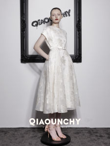 QIAOUNCHY | Silk Embossed Floral French Elegance A-Line Vintage Dress
