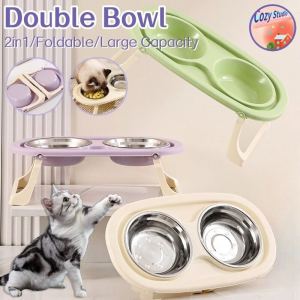 2 in1 Foldable Double Bowl Stainless Steel Cat Feeder High-Foot Food Bowl Drinker Neck Protection