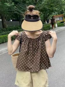 Polka Dot Short Sleeve Womens Shirt Summer French Style One Shoulder Design Sense Elegance Loose Belly Covering Top