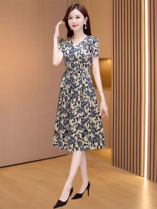 MAIMEI | Ice Silk Cheongsam Dress Womens Summer New Style High Waist A-Line Skirt Short Sleeve V-Neck Zipper Closure Luxury Sensation