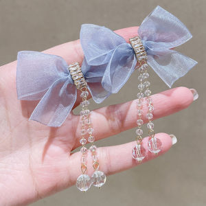 Fashionable Long French Style Womens Crystal Tassel Chiffon Butterfly Knot Earrings Versatile Elegant Travel Hair Accessories