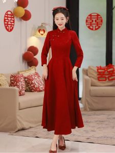 Red Long Sleeve Qipao Dress for Women Spring Autumn New Style Daily Chinese Traditional Wedding Dress Banquet Drinking Ceremony