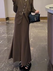 Retro American High Waist Drapey Brown Halter Skirt Womens Autumn 2025 Fashion Matures Style Half-length Skirt