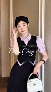 Đầm thiết kế BEMINE cổ sơ mi phối sọc giả khoác dáng chữ A phù hợp đi làm-B129