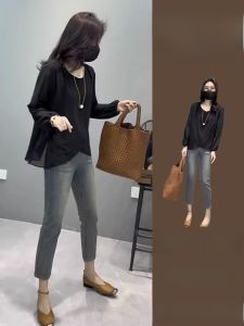 ชุดเดรสยาวทรงเอเอวสูงแขนยาวสไตล์เกาหลีสำหรับผู้หญิงไซส์ใหญ่ ชุดเดรสยาวปานกลาง ชุดเดรสยาวปานกลางฤดูใบไม้ร่วง