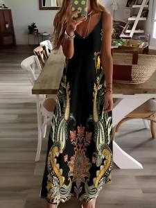 Printed Design Four Seasons casual style Black Base With Gold And Red Floral Motifs V-neck sling dress