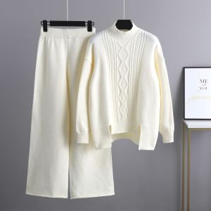Autumn Winter Women Half High Neck Elegant Knit Sweater Top Pants 2-piece Set Long-sleeved Pullovers Casual Loose Womens Clothes