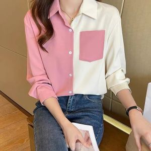 24H Delivery: New Blouses for Women - Korean Loose Color Long Sleeve Shirt Pocket Shirt