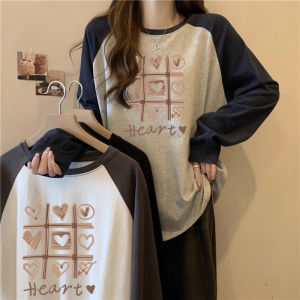 Patchwork Contrast Color Raglan Long Sleeves T-shirt Womens Spring & Fall Plus Size Loose Bottoming Shirt Inner Wear Outer Wear Mid-Length Tops