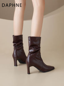 รองเท้าบูทส้นสูงหนัง PU ทรงหัวแหลม ดีไซน์เรียบง่าย สำหรับผู้หญิง ฤดูหนาว รองเท้าบูทส้นสูงแบบสวมสบาย รองเท้าบูทแฟชั่นสำหรับผู้หญิง
