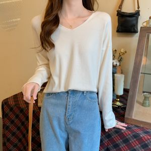 เสื้อยืดคอกว้างแขนยาวถักสำหรับผู้หญิง ฤดูใบไม้ร่วง 2024 เสื้อยืดคอกลมแขนยาวคอกลมสไตล์พื้นฐานสำหรับผู้หญิง เสื้อผ้าทำงานสไตล์เกาหลี