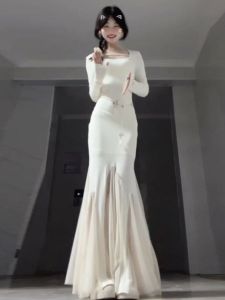 CHANGTONG | Elegant Knitted Fish Tail Dress Unique Stylish Midi Skirt Solid Color Pleated A Line Long Sleeve U Neck Midi Dress For Women