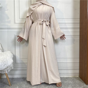 Hot sell wrinkle crepe 2pcs abaya set wide sleeve dubai abayas with pockets sleeveless inner dress 10 colors