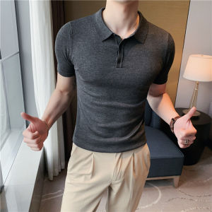 Summer Ice Silk Polo Shirt Mens Short Sleeve Knitted Casual Slim Fit Half Sleeve Solid Color Collar T-Shirt Trendy Youth Fashion