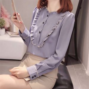 Loose Korean Style Womens Shirt Spring Autumn New Fashion Long Sleeve Stand Collar Gauze with Ear Mushroom Lace Hemline