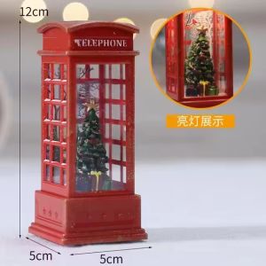 Christmas Phone Booth Decoration with Santa Claus Snowman & Tree - Red Retro Telephone Booth Ornament With Light Home Decorator