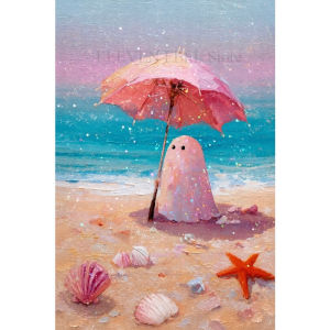 Cute Beach Ghost Canvas Wall Art Pink Coastal Swimming Pool Print Poster Vacation Halloween Decor Canvas Painting for Bedroom