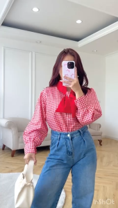 NANDO ATASAN KEMEJA WANITA KOREAN STYLE RETRO BAHAN KATUN KOTAK KOTAK BKK