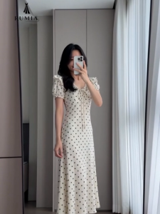 RUMIA Women French Style Polka Dot Maxi Dress Puff Sleeve Bow Tie Slim Waist A Line Long Dress Elegant Casual Party Outfit
