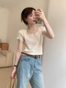 Summer Short Sleeve Knitted Ice Silk T-Shirt Womens Slim Fit Low Neck Clavicle Sweet Style Short Length Top Korean Version