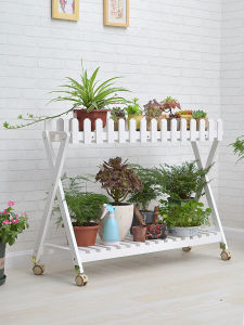 White Wooden Flower Stand with Fence Multi-Layered Wheel-Mounted Portable Balcony Plant Pots Rack Living Room Decor Accessories