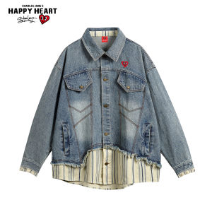 CHARLES JANGS HAPPY HEART | Casual Loose Turn-down Collar Striped Patchwork Denim Jacket
