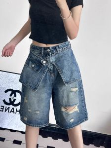 กางเกงขาสั้นผ้ายีนส์ทรงหลวมเอวสูงสไตล์ย้อนยุคสำหรับผู้หญิง กางเกงขายาวทรงห้าแฉกแบบลำลอง ทรงหลวม ความยาวครึ่งแข้ง