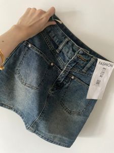 plus Size Womens Retro American Denim A-Line Mini Skirt High Waist Slimming Bodycon Workwear Anti-Light Spring Summer
