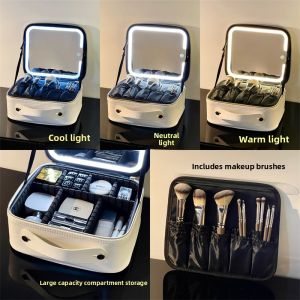 Large Capacity Portable Makeup Bag Womens Handheld Mirror LED Light Cosmetic Storage Bag Carry-On Beauty Case Organizer