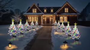 OurWarm 2 pcs Solar Christmas Tree Outdoor Christmas Decor 29In Flocked Christmas Tree  Mini Small Christmas Tree with 40LED
