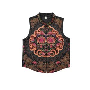 New Chinese Style Short Embroidered Vest Set Womens High End Fashionable Traditional Tang Han Costume Bright Satin Material