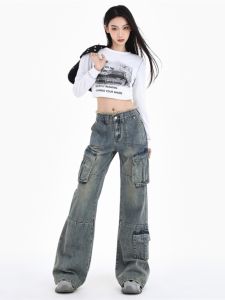 BRN American Retro High Waist Wide Leg Jeans Womens Spring 2025 New Style Slimming Effect Multiple Pockets Micro Flared Workwear
