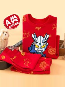 ชุดชั้นในเด็กผ้าฝ้ายแท้สีแดงปีงู ชุดชั้นในฤดูใบไม้ร่วงสำหรับเด็กชายและเด็กหญิง อุปกรณ์เสริมความอบอุ่นสำหรับฤดูใบไม้ร่วงและฤดูหนาว