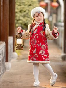 Girls Winter Thickened Fleece Lined Cheongsam Dress Baby Tang Suit Hanfu Skirt Super Fairy Childrens New Years Clothes