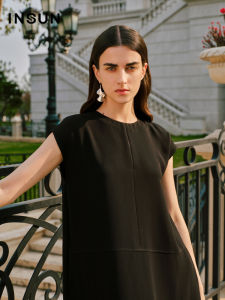 Insun Summer Simple Shoulder Drop Loose Three-acetate Dress Commute Style Midi Skirt Short Sleeve round Neck Solid Color