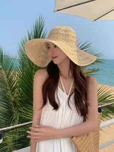 Simple Summer Spring Foldable Beach Hat Sunshade Beachside Straw Hat Large Brim round Top Cap for Women Casual Outfit Accessory