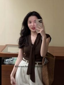 VKSOD | ชุดเสื้อและกางเกงผ้าไหมน้ำแข็งสไตล์เกาหลีสำหรับผู้หญิง ชุดกางเกงขายาวเอวสูงทรงหลวม แขนสั้น คอวี ฤดูร้อน 2025