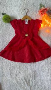 Gaun Pesta Anak Perempuan Merah Elegan Lengan Pendek Motif Floral untuk Usia 2-4 Tahun