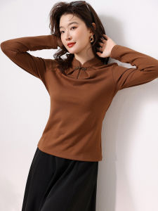 New Chinese Style Womens Long Sleeve T-Shirt Stand Collar Base Shirt Embroidery Pure Cotton Commute Fashion Spring Autumn