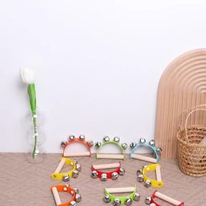 Wooden Half round Childrens Tambourine with Clapper Handle - Educational Musical Fun Toy Orff Instruments Hand Ringing Bell