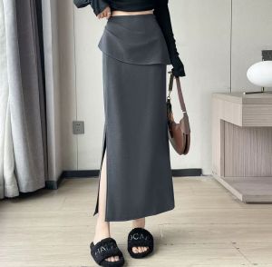 Design sense fake two-piece slit suit skirt womens four seasons new hip-wrapped A-line long skirt