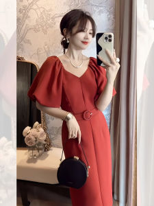 ชุดเดรสสีแดงหรูหรา ชุดทำงานสไตล์ฝรั่งเศส ชุดยาวทรงเอเอวสูง แขนสั้น คอวี ทรงเข้ารูป ชุดทำงานฤดูร้อน
