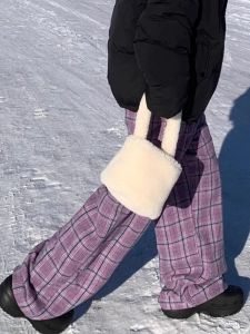 Purple Classic Style Plaid Pants Womens Spring Fall and Winter American Yuppie Relaxed Feeling Straight-leg Wide Leg Leisure Walking Pants