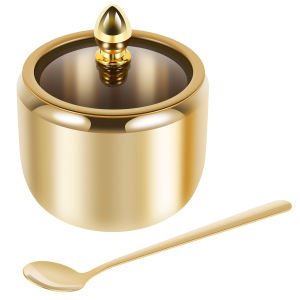 1/2Pcs Stainless Steel Sugar Bowl Set with Glass Lid and Spoon Rustproof Seasoning Box Round Condiment Pots Polished Shiny Sugar