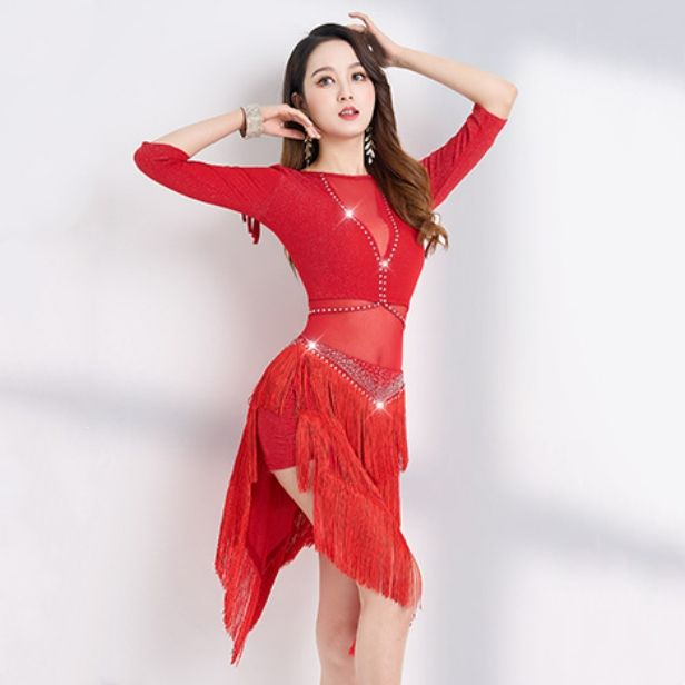 New Tassel Latin 2Piece Set Top Skirt Ballroom Dance Tango Rumba