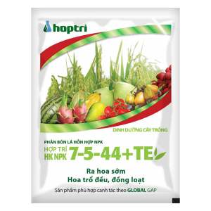 250g Phân bón lá Hợp Trí NPK 7-5-44+TE RA HOA SỚM HOA TRỔ ĐỀU ĐỒNG LOẠT NUÔI TRÁI SẦU RIÊNG CÀ PHÊ THANH LONG LÚA