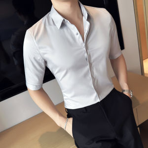 Mens Ice Silk Shirt Slim Fit Long Sleeve Hidden Button Casual Fashion Korean Style Polyester Fiber Non-Iron Treatment