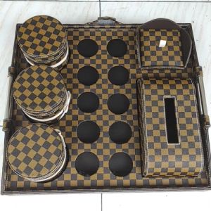 TRAY Set 1 Tisu 1 Box Permen 3 Toples 12 Lubang Aqua - Coklat Kotak Kotak