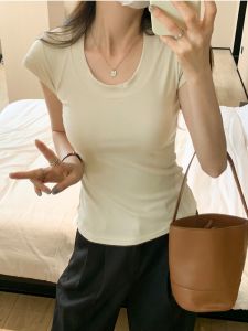 Màu Nguyên Chất Cơ Bản Cổ Chữ U Áo Thun Nữ Tay Ngắn Cho Nữ Co Giãn Bên Trong Mặc Giảm Béo Thời Trang Hàng Đầu Đơn Giản Thời Trang Quần Áo Hợp Thời Trang