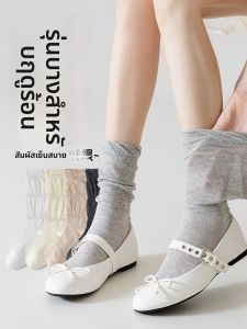 JINGCHI | ถุงเท้าผู้หญิงลายลูกไม้บางสไตล์บัลเล่ต์สีขาว Mary Janes ถุงเท้าครึ่งแข้งสีเทาสำหรับฤดูร้อน ถุงเท้าผู้หญิงแบบลำลอง